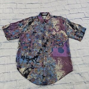 Goouch Button Shirt Mens S Purple Abstract Splatter 90s Vintage Rayon
